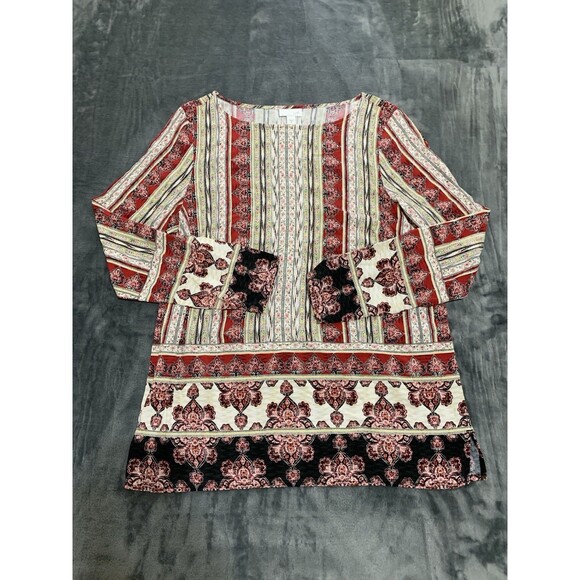 J Jill Top Women's Tunic Size Medium Red Tan 100% Rayon Long Sleeve Boho Flowy - Picture 5 of 13